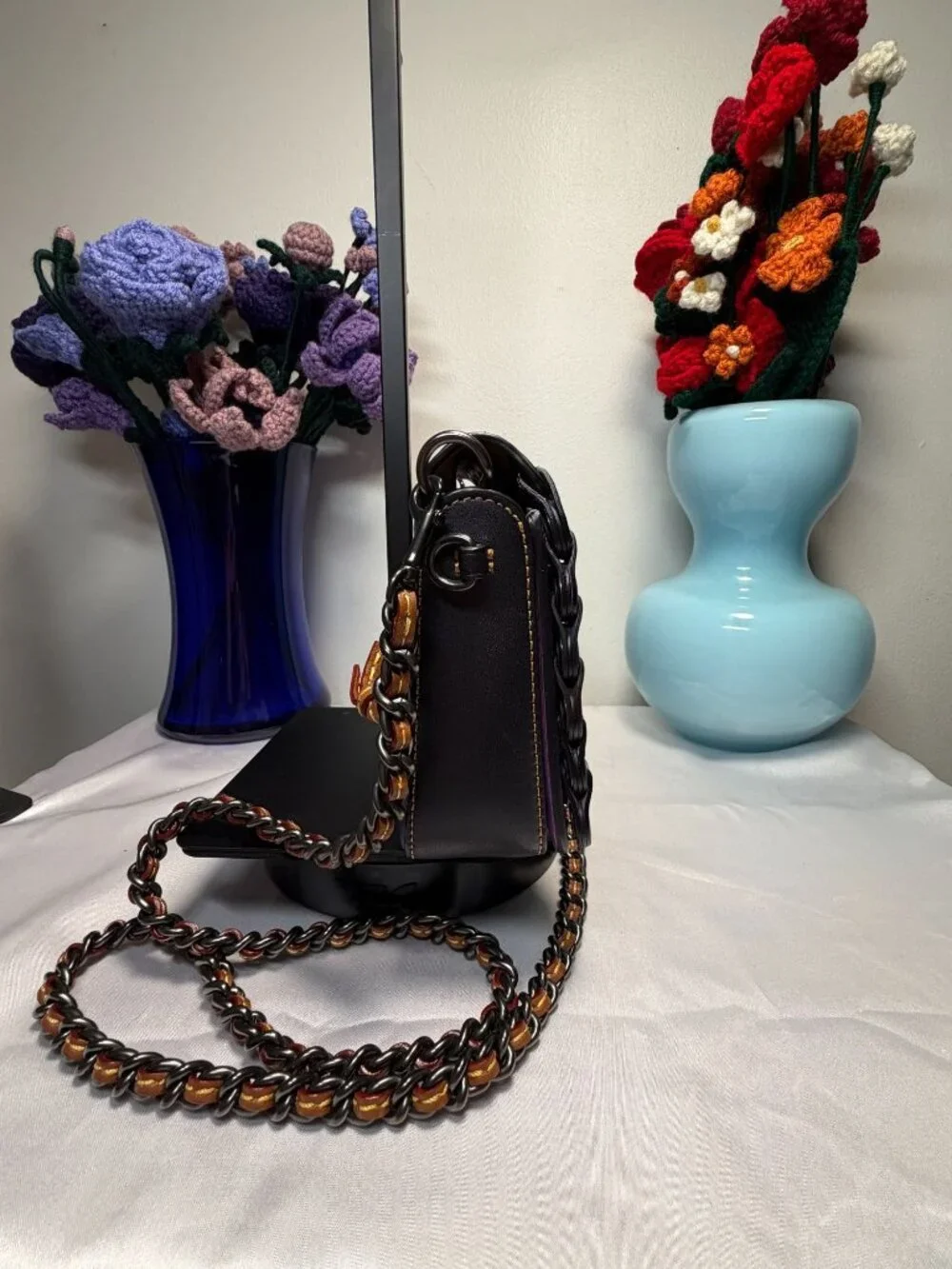 Coach Woven Leather Crossbody Bag With Chain Strap & Colorful Detailing - Purple
